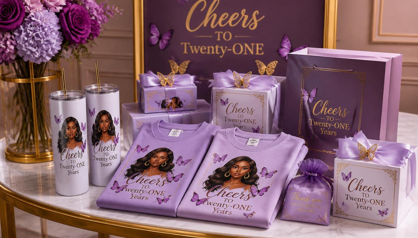 Elegant purple and gold butterfly-themed party favors display