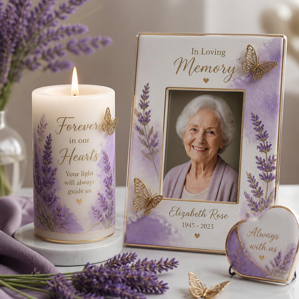 Elegant memorial keepsake candle and photo frame with butterflies
