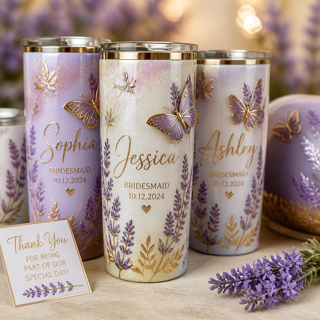 Personalized lavender tumblers with gold butterfly accents